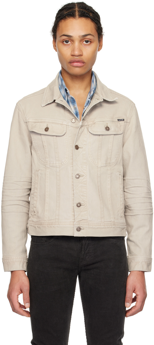 Shop Tom Ford Gray Garment-dyed Denim Jacket In Stone