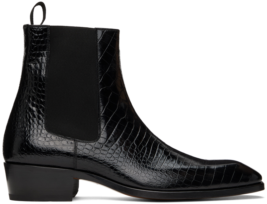 TOM FORD BLACK PRINTED CROC BAILEY CHELSEA BOOTS