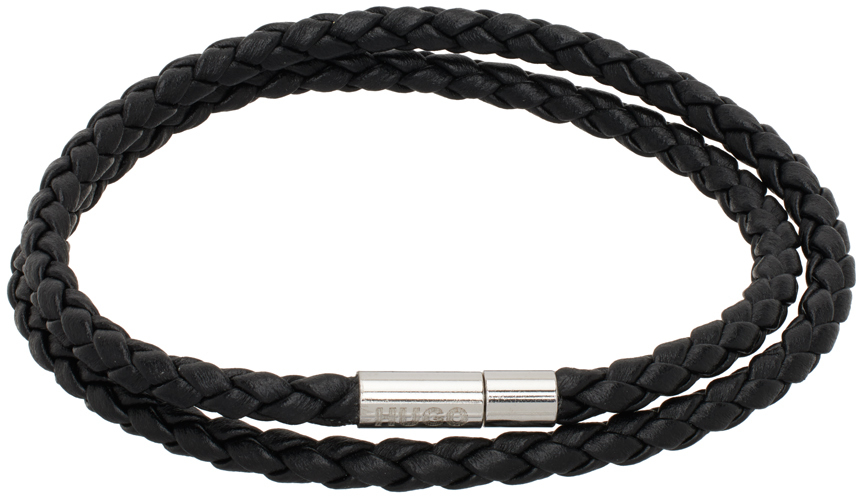 Hugo Black Leather Bracelet In Black 001