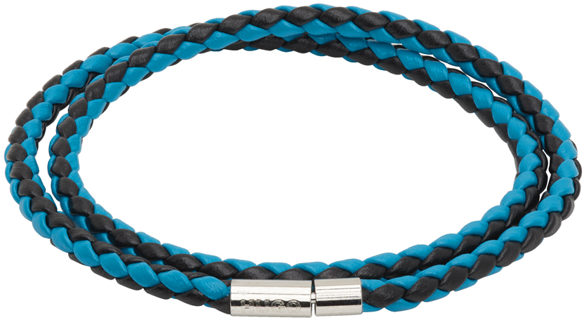 Hugo Blue & Black Double-wrap Two-tone Leather Bracelet In 443-turquoise/aqua