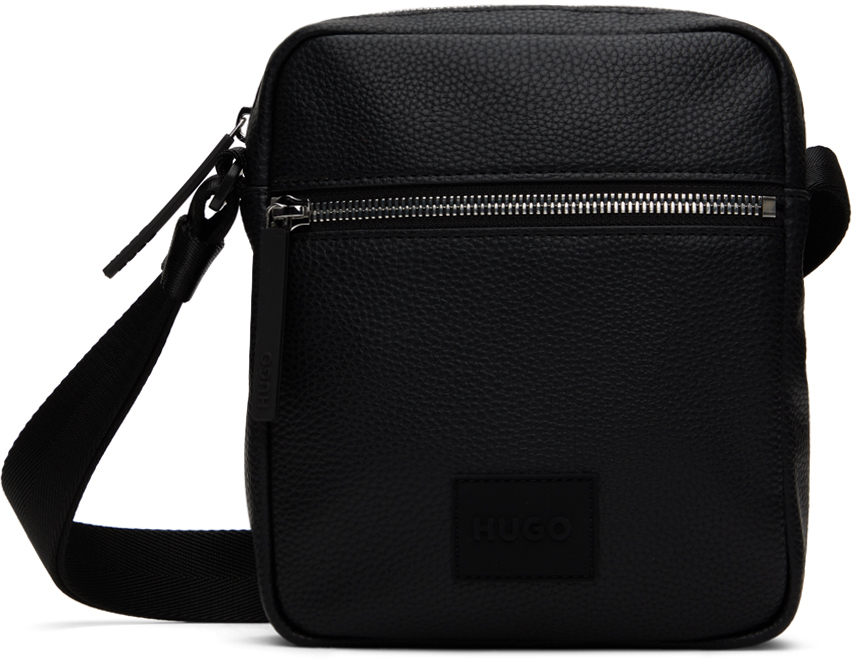 Hugo Black Faux-Leather Reporter Logo Patch Bag