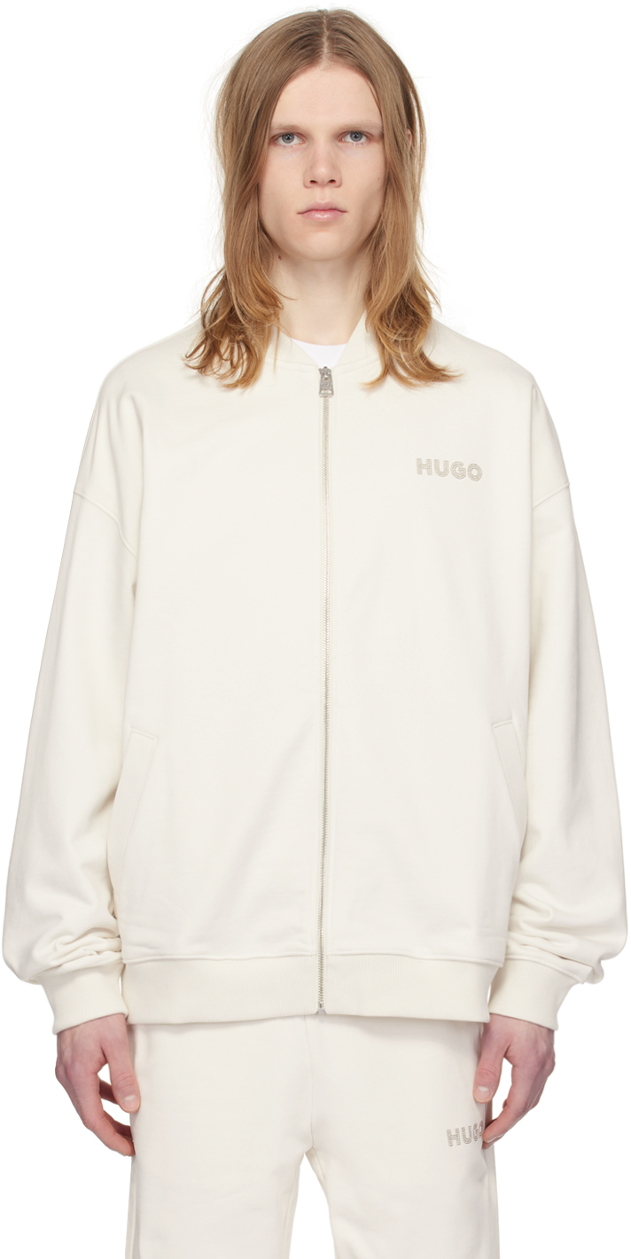 Shop Hugo Off-white Embroidered Bomber Jacket In 121-open White