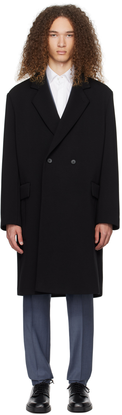 Hugo Black Double-breasted Coat In Black 001