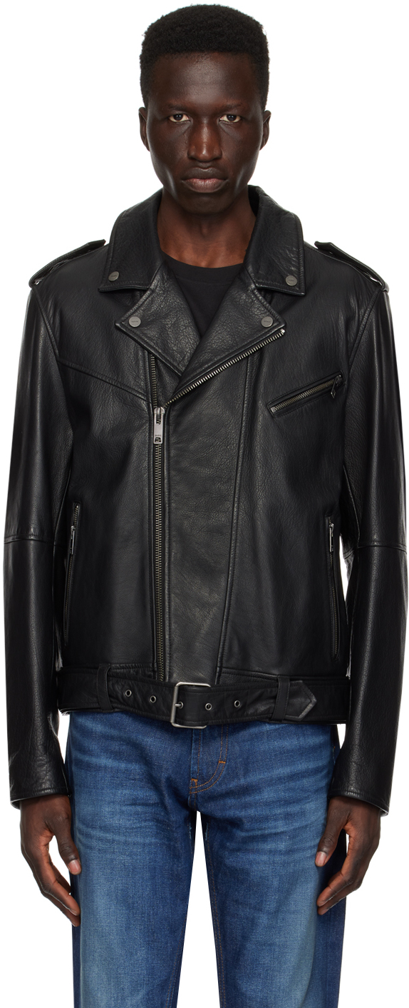 Shop Hugo Black Zip Leather Jacket In 001-black