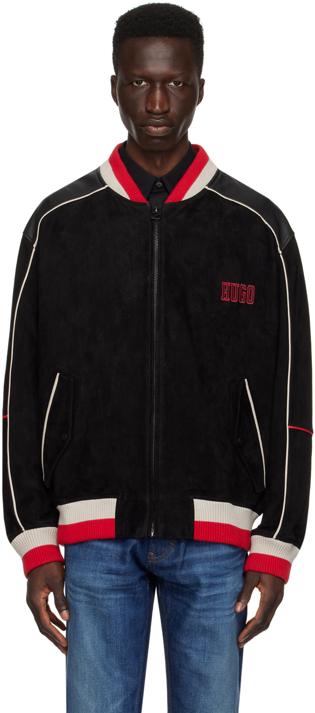 Shop Hugo Black Piping Leather Bomber Jacket In 001-black
