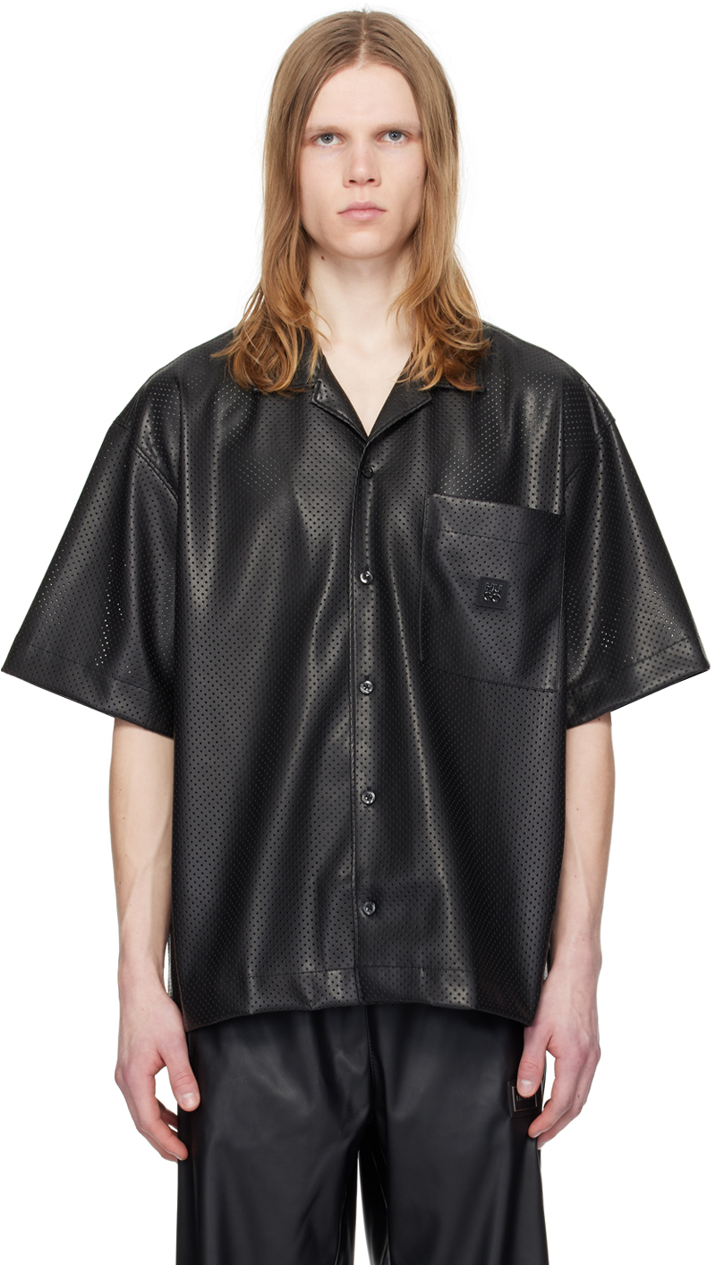 Black Perforated Faux-Leather Shirt