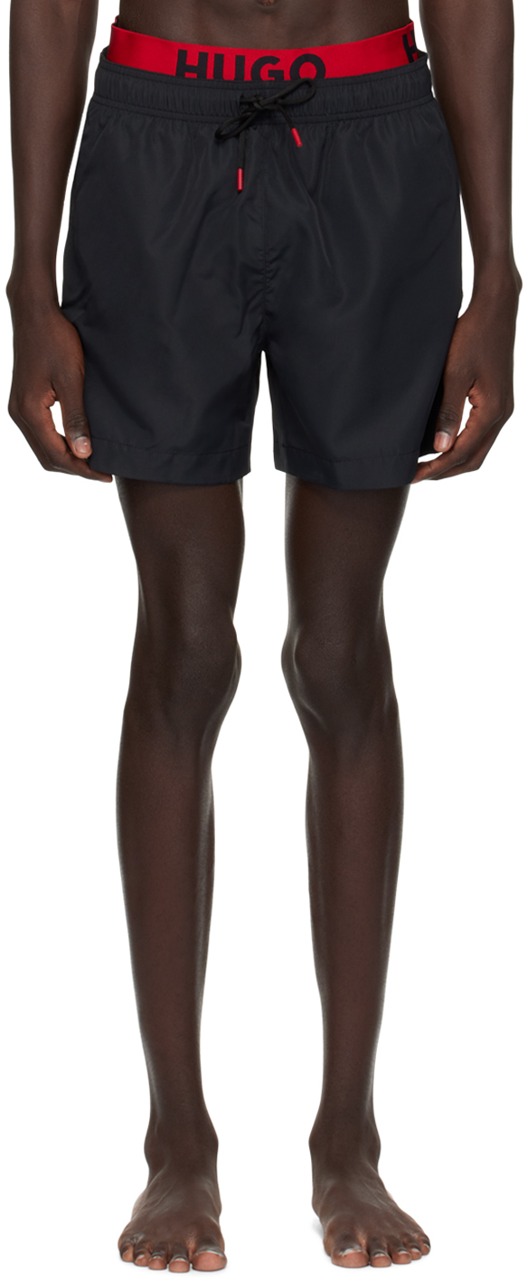 Hugo Black Printed Swim Shorts In Black 001