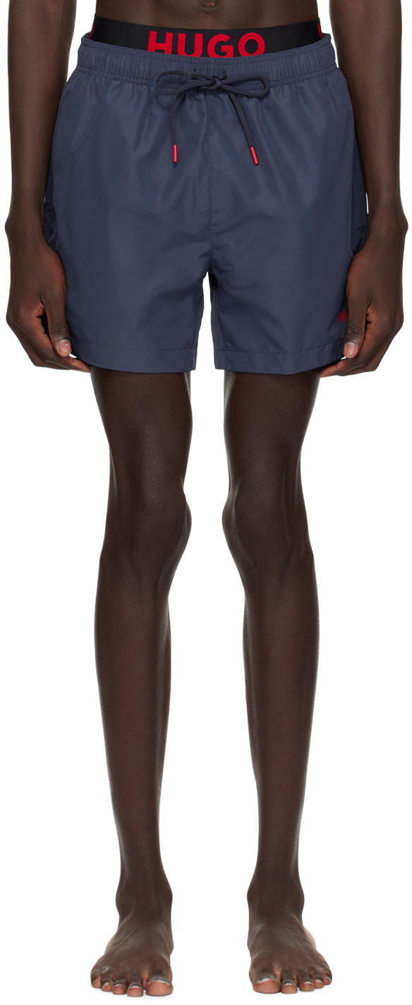 Hugo Navy Printed Swim Shorts In Dark Blue 405