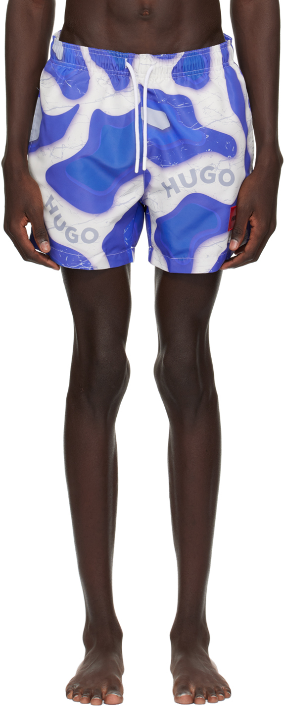 Blue & White Printed Swim Shorts