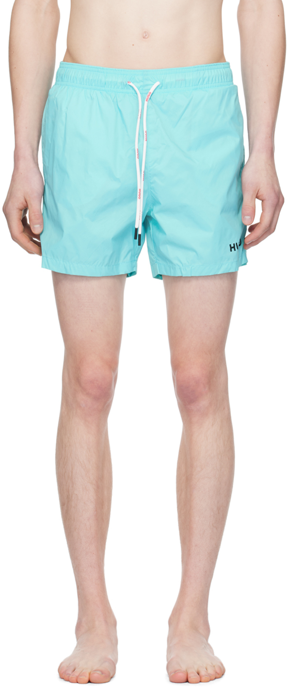 Shop Hugo Blue Printed Swim Shorts In 440-turquoise/aqua