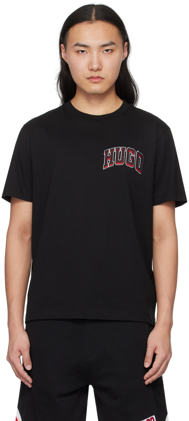 Shop Hugo Black Embroidered T-shirt In 001-black