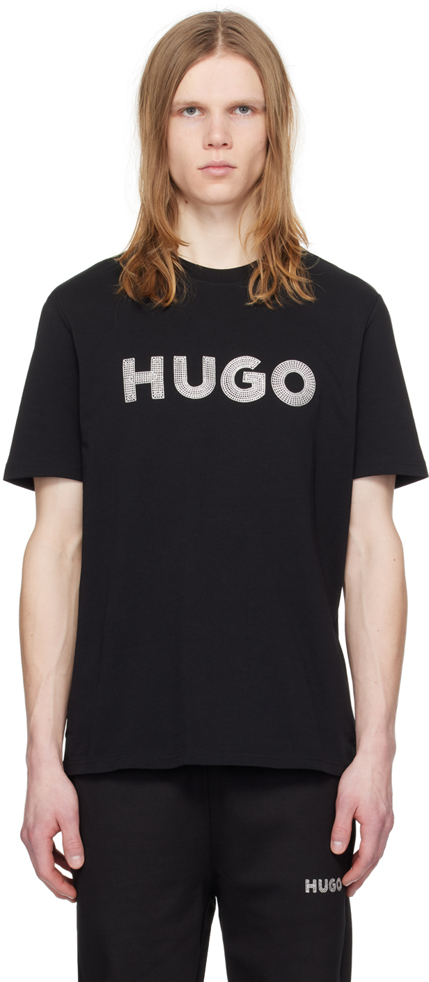 Shop Hugo Black Embroidered T-shirt In 001-black