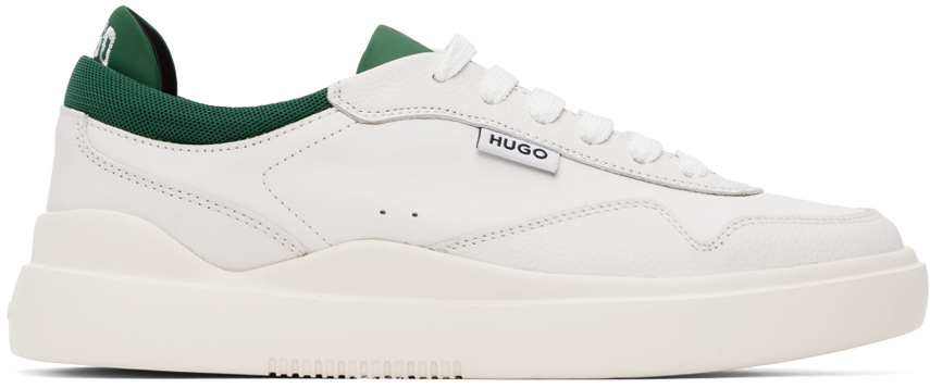Shop Hugo White & Green Leather Lace-up Sneakers In 103-natural