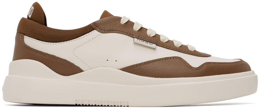Shop Hugo Off-white & Brown Leather Lace-up Sneakers In 241-open Brown