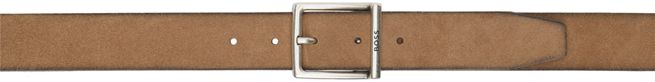 Brown Suede Squared Buckle Engraved Logo Belt