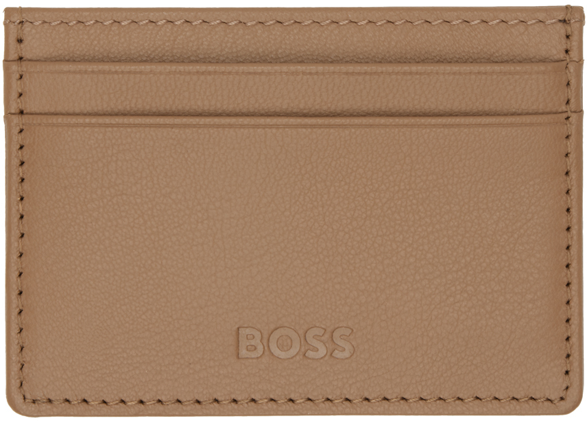 Hugo Boss Tan Matte Leather Embossed Logo Card Holder In Brown