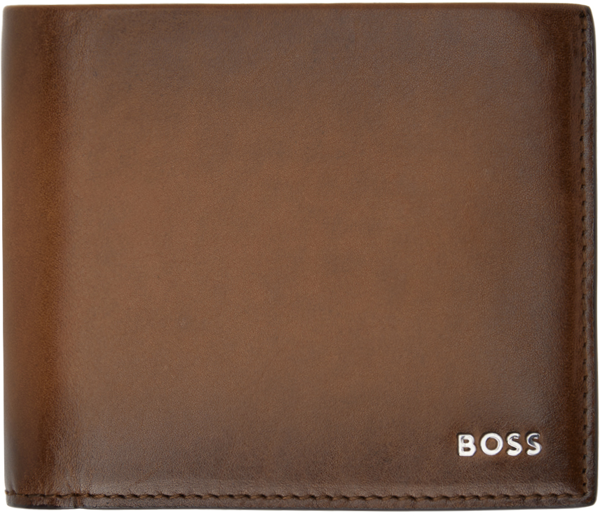 Hugo Boss Brown Leather Polished Lettering Wallet In 210-medium Brown