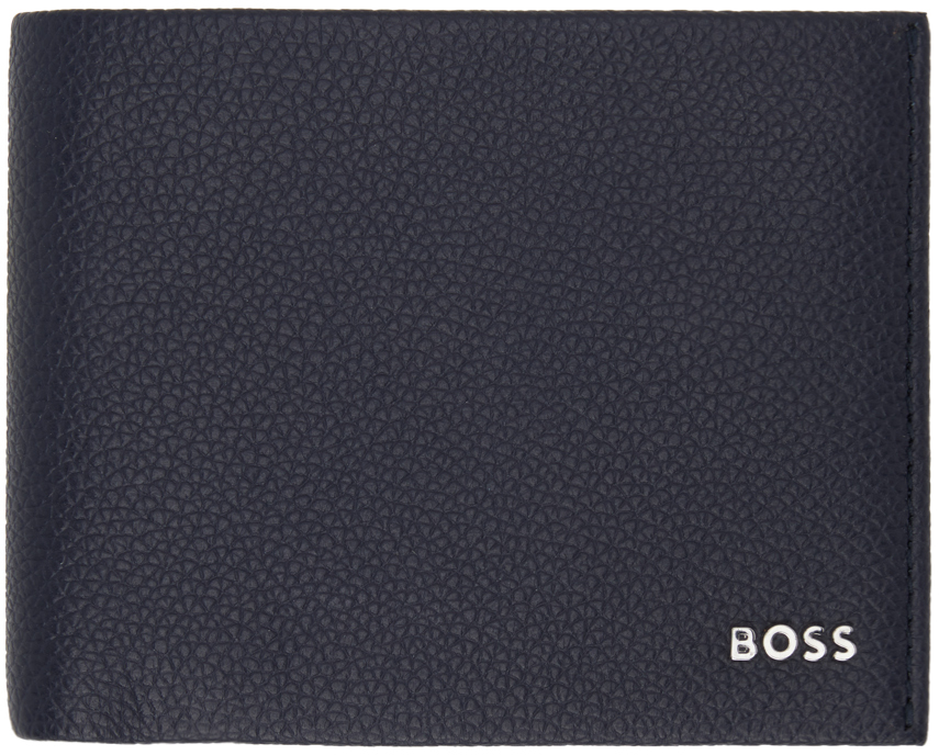 BOSS: Navy Grained Leather Logo Lettering Wallet | SSENSE