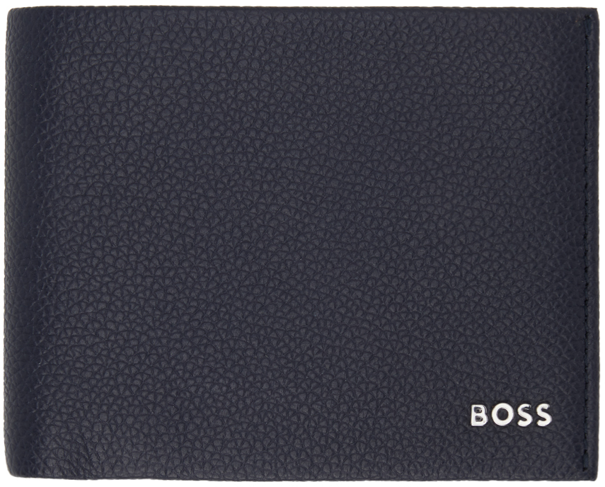 Navy Grained Leather Logo Lettering Wallet