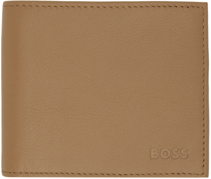 Hugo Boss Brown Matte Leather Embossed Logo Wallet In 260-medium Beige