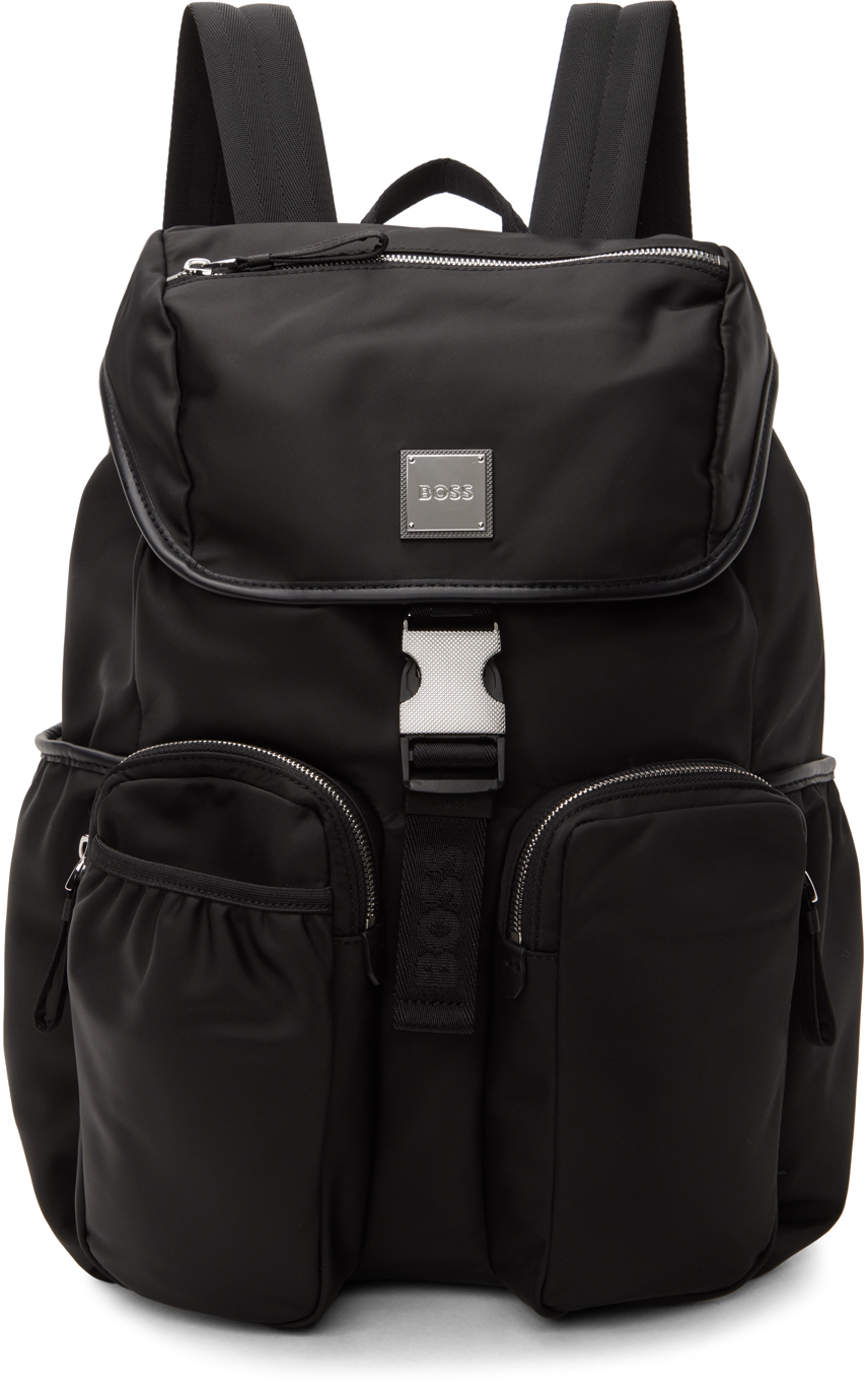 Black Flap-Closure Logo Patch Backpack