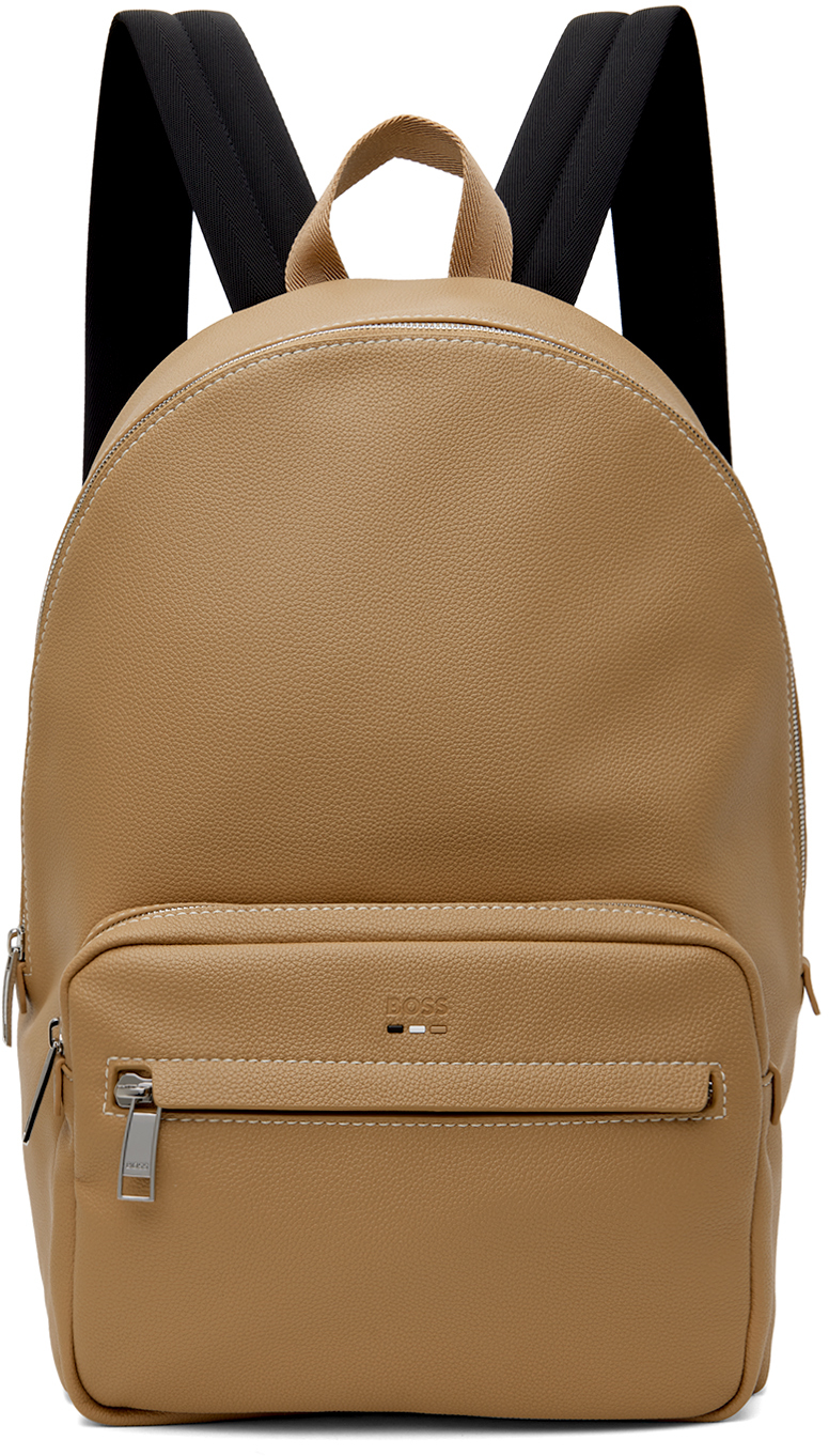 Shop Hugo Boss Beige Faux-leather Logo & Signature Stripe Backpack In 260-medium Beige