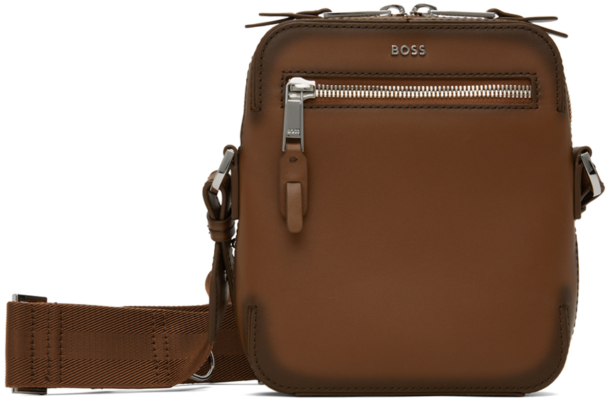 Hugo Boss Leather Reporter Bag With Metallic Logo Lettering In 210-medium Brown