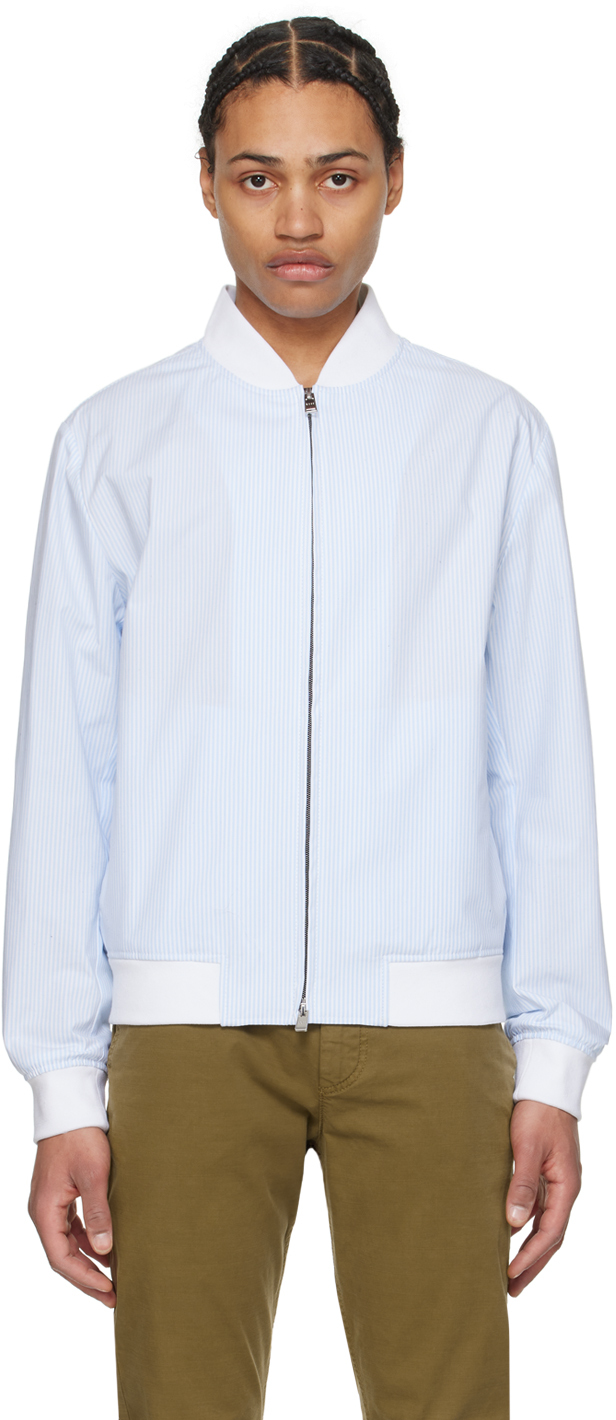 Shop Hugo Boss White & Blue Slim-fit Bomber Jacket In 450-light/pastelblue