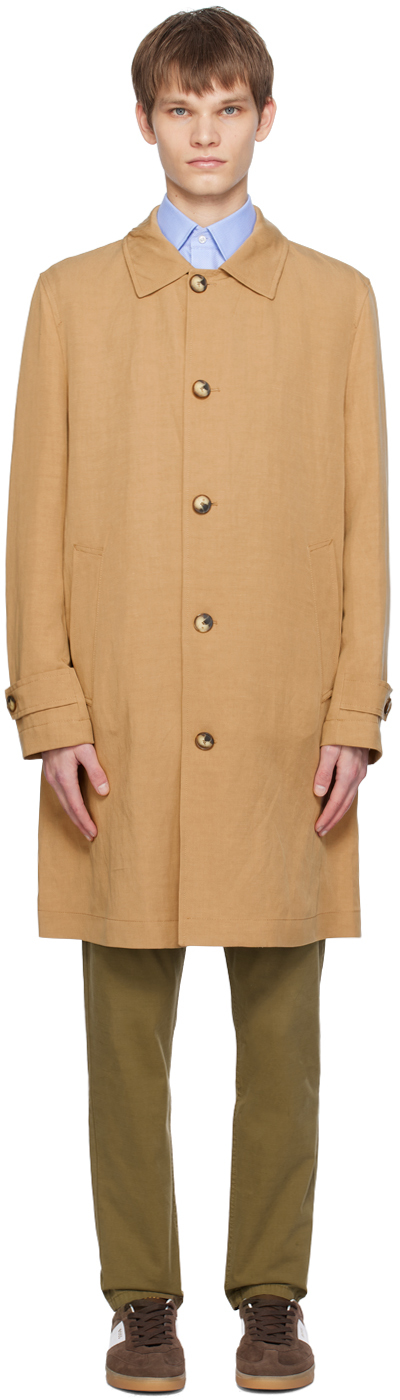 Shop Hugo Boss Tan Spread Collar Coat In 260-medium Beige