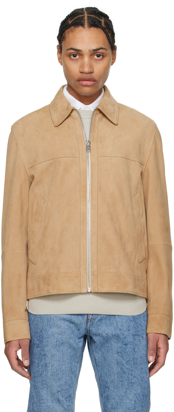Shop Hugo Boss Beige Regular-fit Leather Jacket In 255-dark Beige