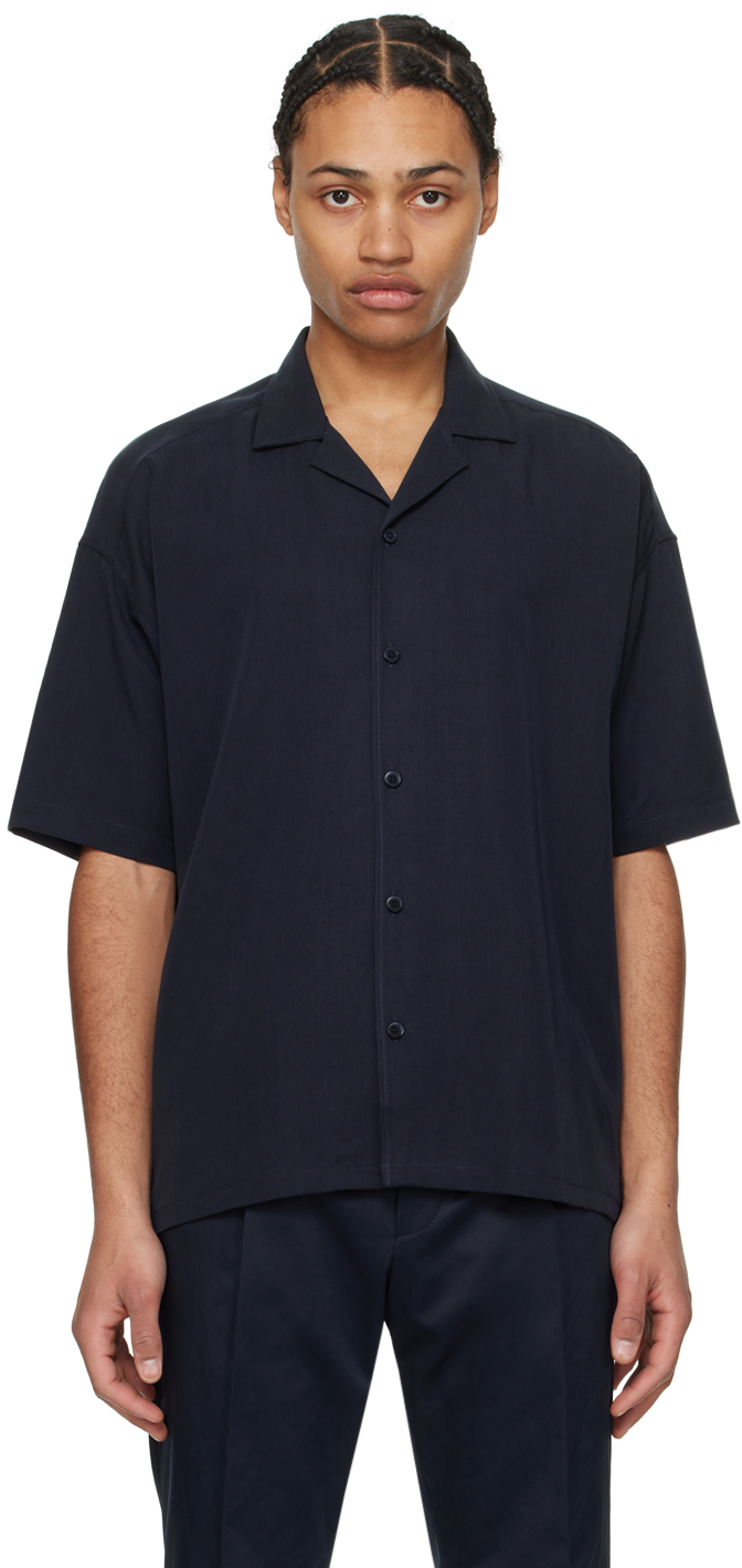 Shop Hugo Boss Navy Open Spread Collar Shirt In 404-dark Blue