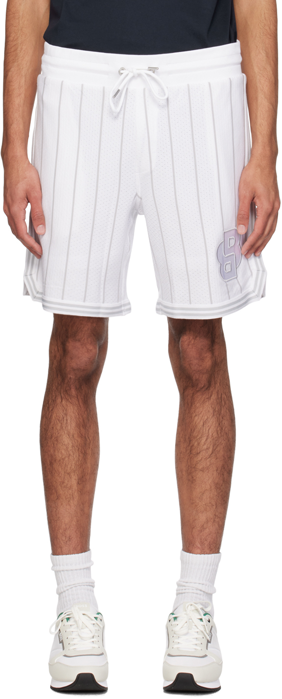Hugo Boss White & Gray Stripe Shorts In 100-white