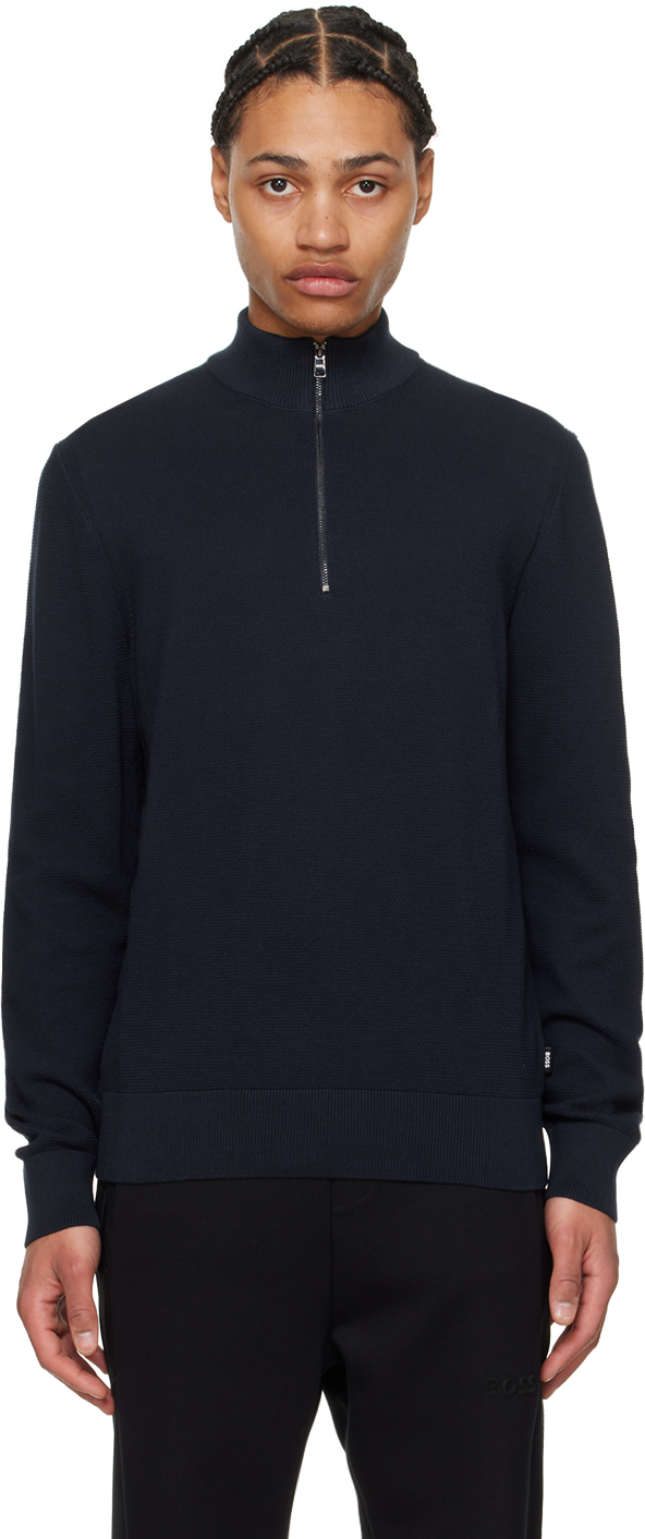 Hugo Boss Navy Half-zip Sweater In Blue