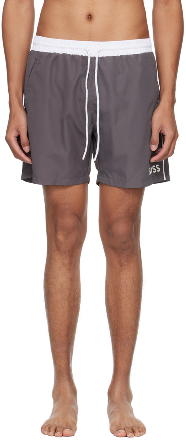 Gray Contrast Swim Shorts by BOSS on Sale