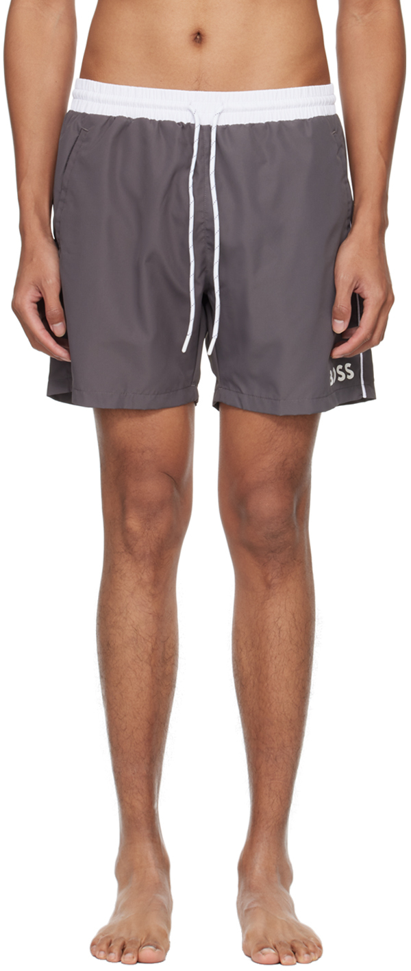 Shop Hugo Boss Gray Contrast Swim Shorts In Medium Grey 032