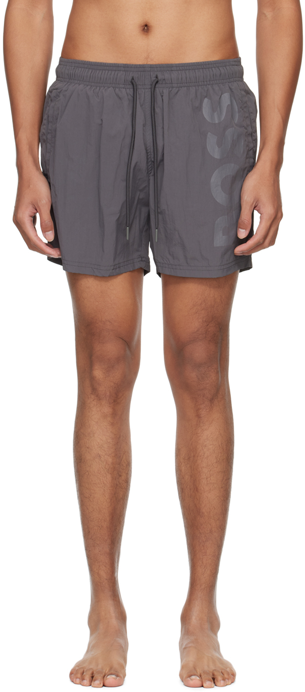 Shop Hugo Boss Gray Large Print Swim Shorts In Medium Grey 032