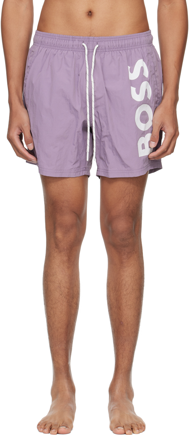 Hugo Boss Purple Large Print Swim Shorts In Medium Purple 511