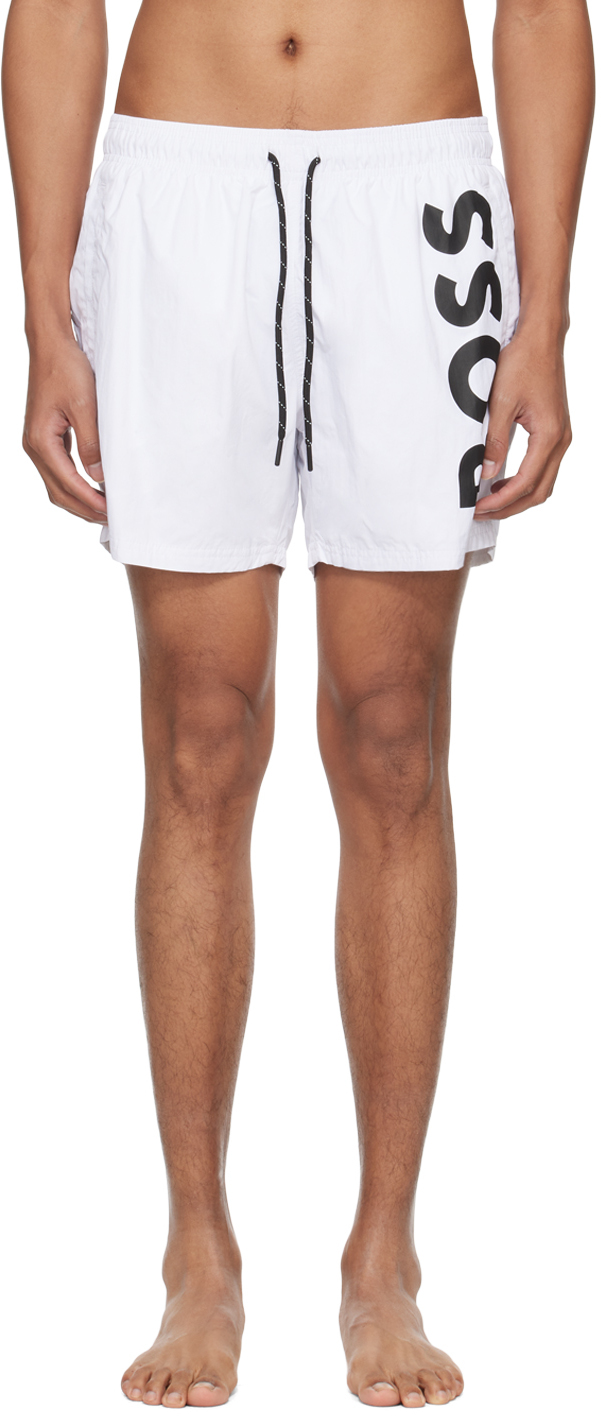 Shop Hugo Boss White Large Print Swim Shorts In White 100