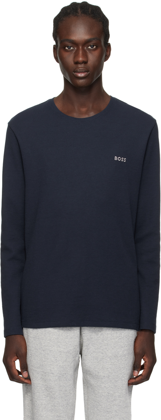 Hugo Boss Navy Embroidered Long Sleeve T-shirt In Dark Blue 403
