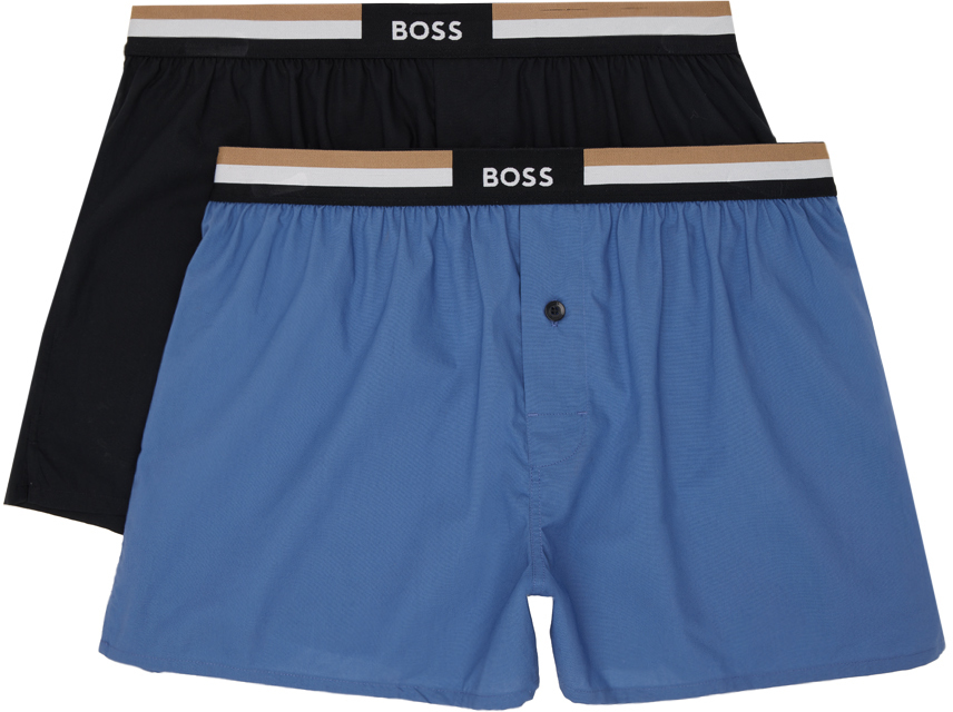 Hugo Boss Two-pack Blue & Black Button Boxers In Open Blue 478