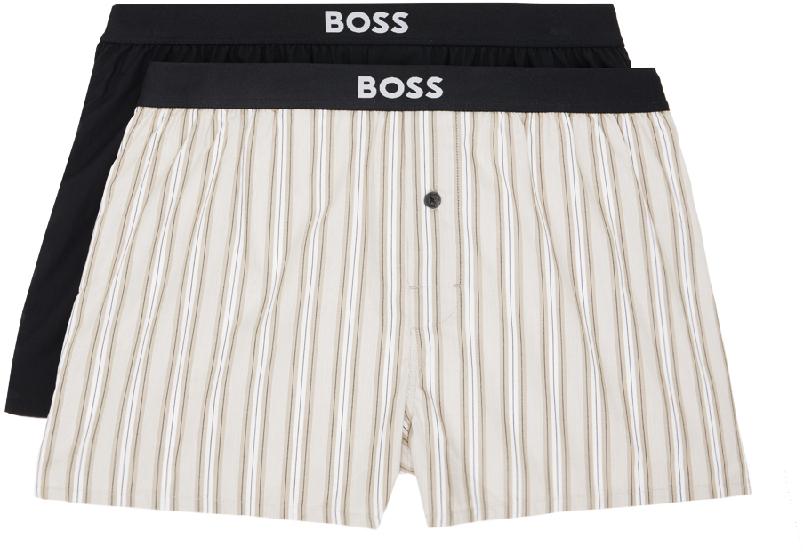 Hugo Boss Two-pack Black & Beige Boxers In 255-dark Beige