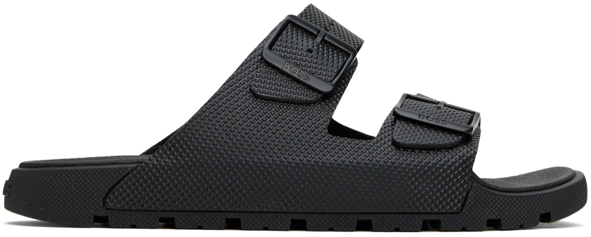 Shop Hugo Boss Black Twin Strap Sandals In 001-black