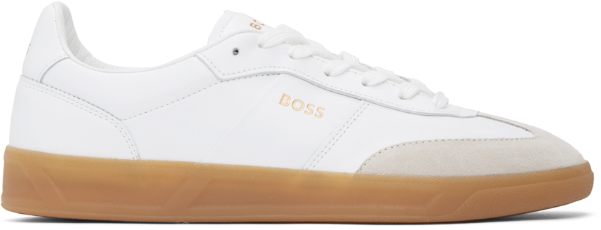 Shop Hugo Boss White Leather & Suede Embossed Logos Sneakers In White 100