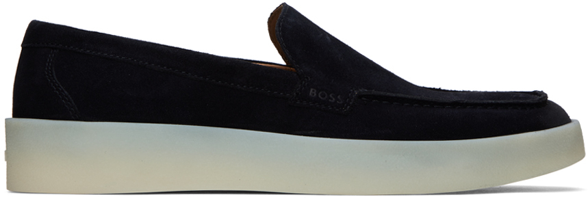 Shop Hugo Boss Navy Suede Logo Detail Loafers In Dark Blue 401