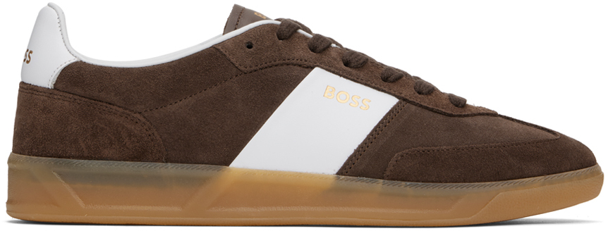 Hugo Boss Brown & White Suede Sneakers In 204-dark Brown