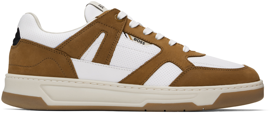 Shop Hugo Boss Brown & White Mixed Material Sneakers In 240-open Brown