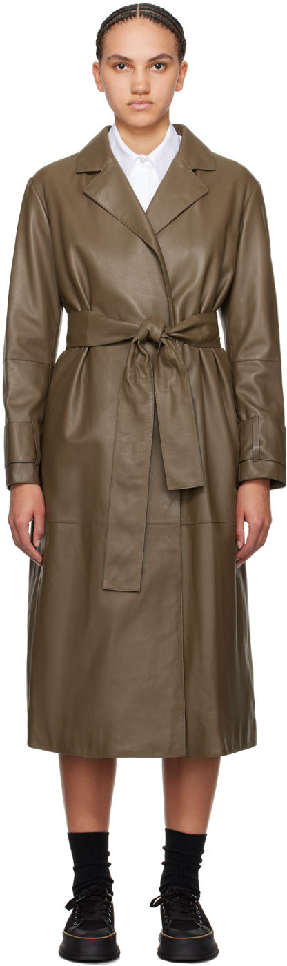 boss brown belted leather coat