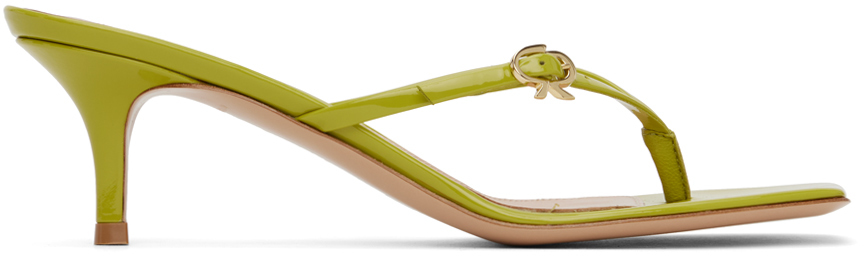 Green Ribbon Thong Heeled Sandals