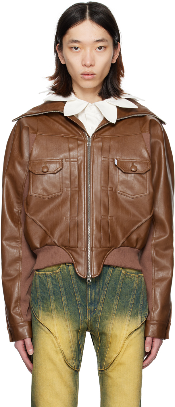 Brown Pourpoint Faux-Leather Bomber Jacket