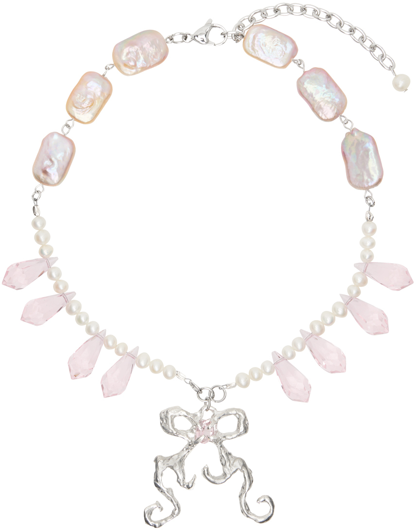 White & Pink Caroline Double Ribboned Bow Necklace